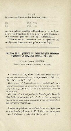 Solution de la question de mathématiques spéciales proposée au concours général de 1878.