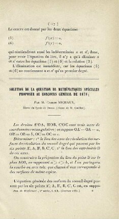 Solution de la question de mathématiques spéciales proposée au concours général de 1878.