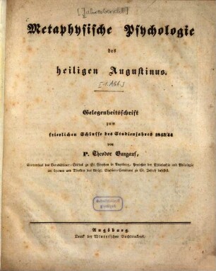 Metaphysische Psychologie des heiligen Augustinus, 1