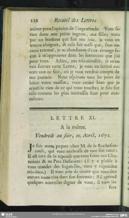Lettre XL. A la même. Vendredi au soir, 10. Avril, 1671