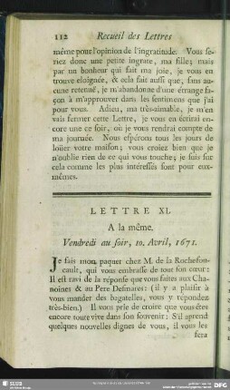 Lettre XL. A la même. Vendredi au soir, 10. Avril, 1671