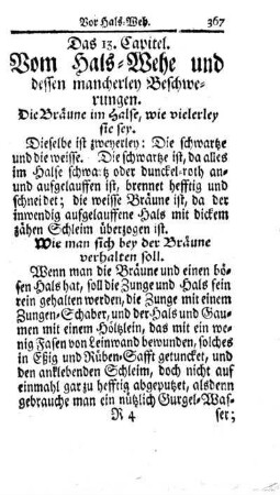 Das 13. Capitel. Vom Hals-Wehe und dessen mancherley Beschwerungen.