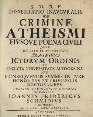 Dissertatio inauguralis de crimine atheismi eiusque poena civili