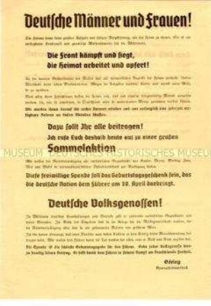 Aufruf von Göring zu einer Sammelaktion für die Frontsoldaten anlässlich Hitler's Geburtstag