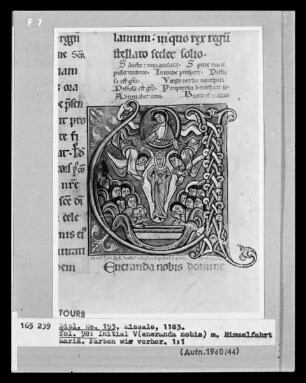 Missale aus Saint-Martin in Tours — Initiale V mit Himmelfahrt Mariä, Folio 98