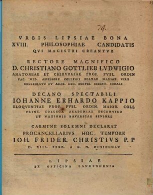 Vrbis Lipsiae Bona XVIII Philosophiae Candidatis Qvu Magistri Creantvr ... Carmine solemni Declarat ... Ioh. Frider. Christivs ...