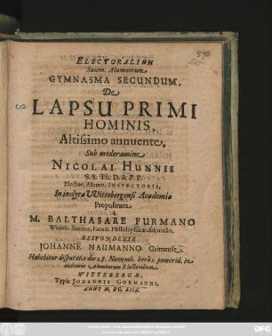 Electoralium Saxon. Alumnorum Gymnasma Secundum, De Lapsu Primi Hominis