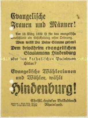 Aufruf des Christlich-sozialen Volksdienstes zur Wahl von Paul von Hindenburg zum Reichspräsidenten 1932