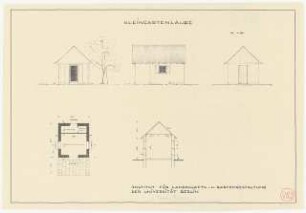 Kleingartenlaube: Grundriss, Ansichten, Querschnitt 1:50