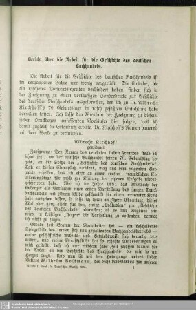 Bericht über die Arbeit für die Geschichte des deutschen Buchhandels