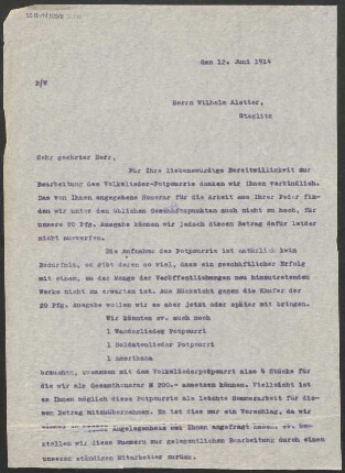 Brief an Wilhelm Aletter : 12.06.1914