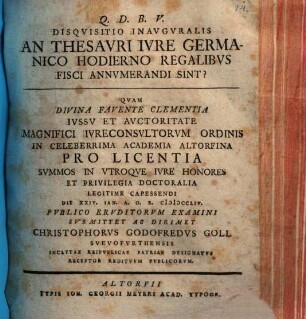 Disquisitio inauguralis, an thesauri iure Germanico hodierno regalibus fisci annumerandi sint?