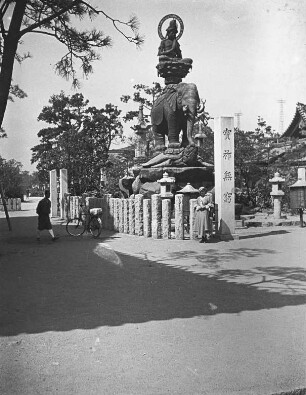 Buddha-Statue mit Elefant, Lotusblume und Schildkröte : Kannon (Göttin des Mitgefühls) auf Elefant, Lotusblume und Schildkröte. Osaka, Tennō-ji