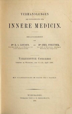 Verhandlungen des Kongresses für Innere Medizin. 14. 1896. Wiesbaden, 8. - 11. April