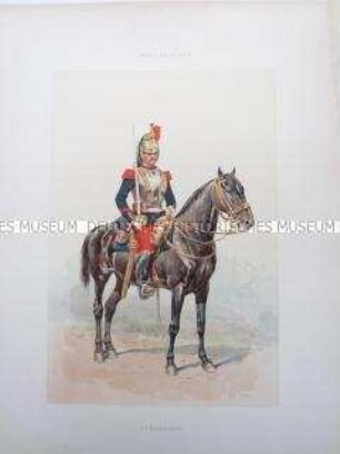 Uniformdarstellung, Kürassier zu Pferd, Frankreich, um 1890.