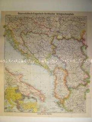 Militärstrategische Karte vom Kriegsschauplatz Südosteuropa (Ungarn, Serbien, Bosnien, Albanien)