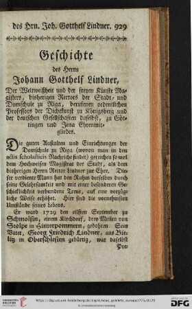 Geschichte des Herrn Johann Gotthelf Lindner