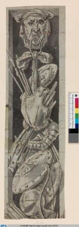 Entwurf für eine Trophäe: Waffen, Rüstung, Maske, Schilde und Speere