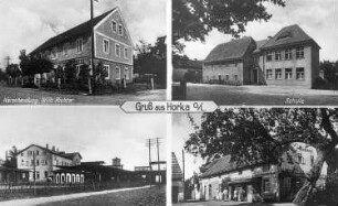 Horka. Mühle, Bäckerei und Warenhandlung P. Molch, u.a. Motive, Ansichtskarte, um 1930, Repro (RA Görlitz, Postkartensammlung)