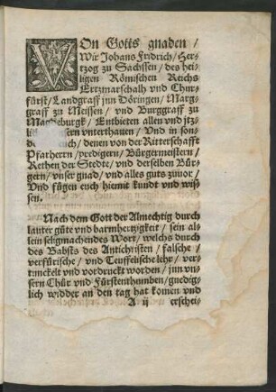 Von Gotts gnaden/ Wir Johans Fridrich/ Hertzog zu Sachssen ...