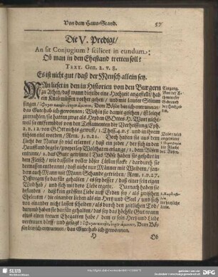 Die V. Predigt, An sit Coniugium? scilicet in eundum: Ob man in den Ehestand tretten soll?