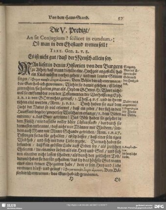 Die V. Predigt, An sit Coniugium? scilicet in eundum: Ob man in den Ehestand tretten soll?