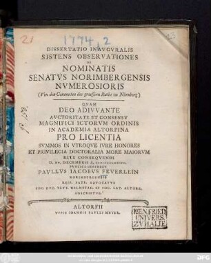 Dissertatio Inavgvralis Sistens Observationes De Nominatis Senatvs Norimbergensis Nvmerosioris (Von den Genannten des groessern Raths zu Nürnberg)