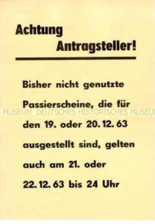 Hinweisblatt für Einwohner von Berlin (West) bezüglich der Gültigkeit von Passierscheinen