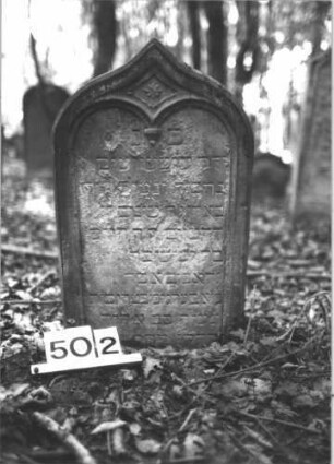 Grabstein 502 (Index: 99900895) Material: Sandstein Zustand: stark verwittert Maße HxBxT: 80x45x10 cm Beschreibung: Stele mit Konvexbogenabschluß, Innenrahmen mit doppeltem Rundbogenabschluss, im Bogenfeld Blüte Symbolik: Blüte Besonderheit: Kindergrab: Grabstein 502