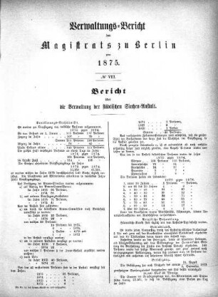 No. VIII. Bericht über die Verwaltung der städtischen Siechen-Anstalt