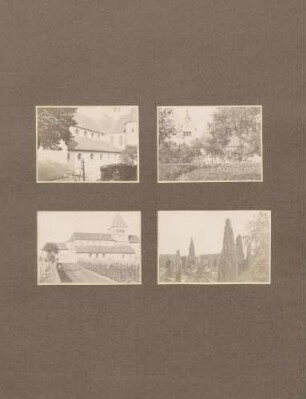 links oben: Partie vom Kloster Reichenau rechts oben: Partie vom Kloster Reichenau links unten: St.-Georg-Kirche in Oberzell auf der Insel Reichenau rechts unten: Partie auf der Insel Reichenau