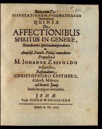 Ps. Generalis, De Spiritu eiusque Attributis, 5: De Affectionibus Spiritus In Genere : ad diem 8. Iunii ...
