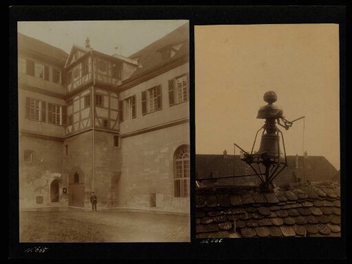 665 und 666, Bibliothek-Eingang mit Treppenturm und Glockenweiblein auf demselben.
