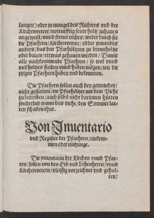Von Inventario und Register der Pfarhern/ einkommen oder nutzunge.