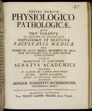 Theses Medicæ Physiologico Pathologicæ