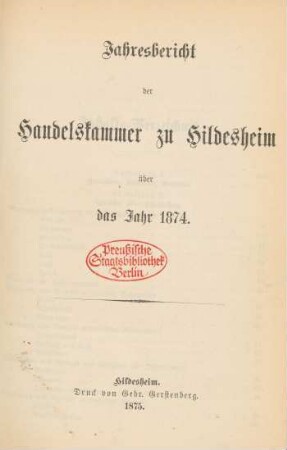 1874: Jahresbericht der Handelskammer zu Hildesheim