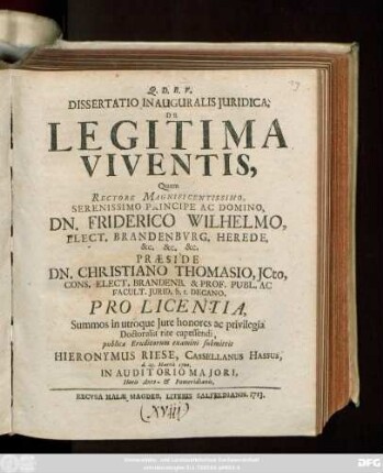 Dissertatio Inauguralis Juridica, De Legitima Viventis