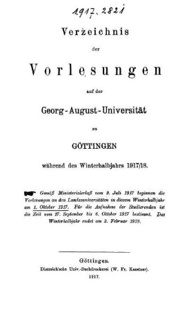 WS 1917/18: Verzeichnis der Vorlesungen