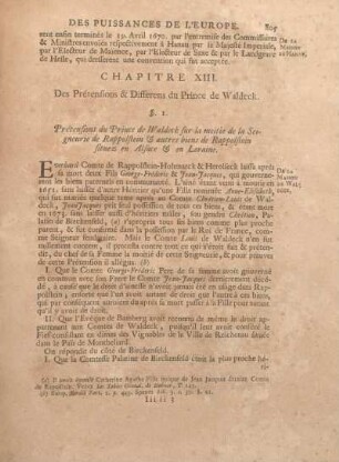 Chapitre XIII. Des Prétensions & Differens du Prince de Waldeck.