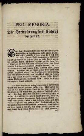 Pro-Memoria Die Verwahrung des Archivs betreffend