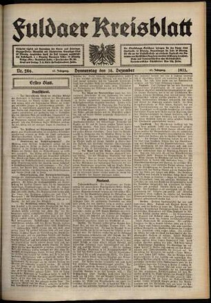 Erste Ausgabe vom Donnerstag, den 14. Dezember 1911.