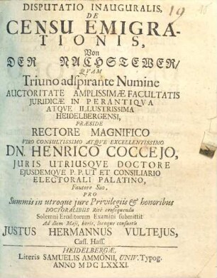 Disputatio Inauguralis, De Censu Emigrationis, Von Der Nachstewer