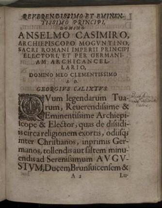 Reverendissimo Et Eminentissimo Principi, Domino Anselmo Casimiro Archiepiscopo Moguntino [...]