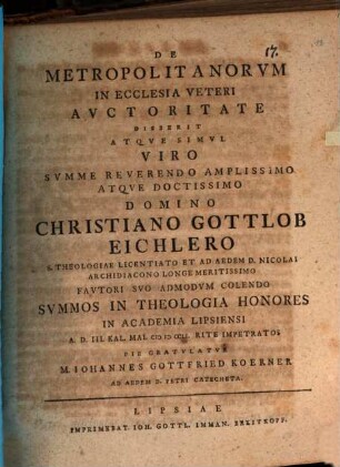 De metropolitanorum in ecclesia veteri auctoritate disserit