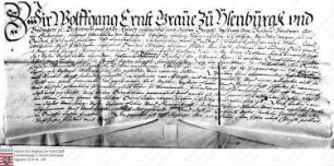 Wolfgang Ernst Graf v. Isenburg und Büdingen belehnt mit dem Burglehen zu Hayn zwölf Gulden Schweikardt Wambold v. Umstadt und dessen unmündige Ve...