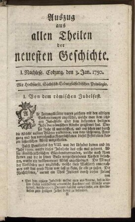 I. Nachlese. Coburg, den 3. Jan. 1750.