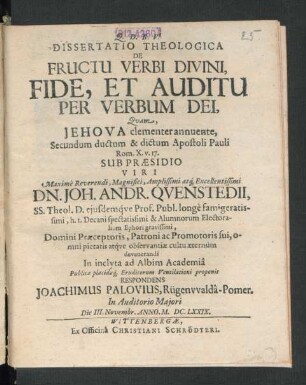 Dissertatio Theologica De Fructu Verbi Divini, Fide, Et Auditu Per Verbum Dei