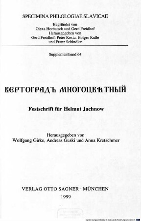 Vertograd mnogocvětnyj : Festschrift für Helmut Jachnow