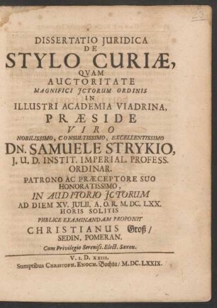 Dissertatio Iuridica De Stylo Curiae