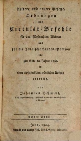 Aeltere und neuere Gesetze, Ordnungen und Circular-Befehle für das Fürstenthum Weimar und für die Jenaische Landes-Portion, 8. Bis zum Ende des Jahres 1799